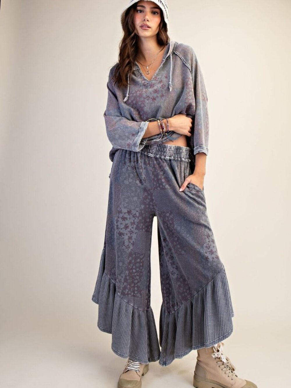 EASEL PATCHWORK PRINT WASHED PANTS AND TOP 100% COTTON